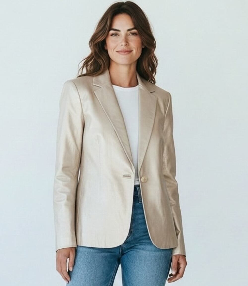 Alfani Lamb Leather Blazer L Metallic Gold Champagne Genuine Leather Jacket